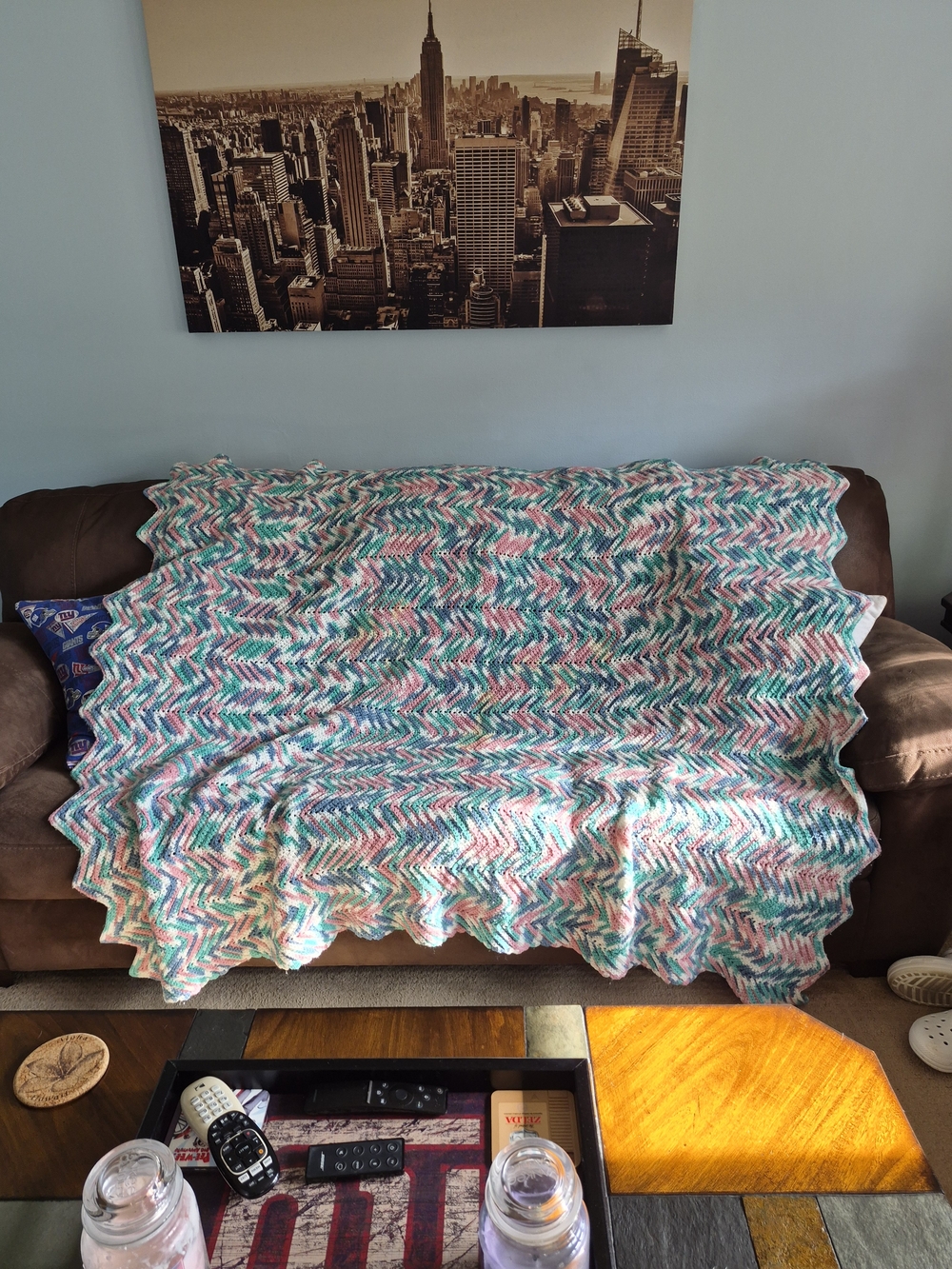 Handmade Chevron Crochet Blanket in Teal, Pink & White